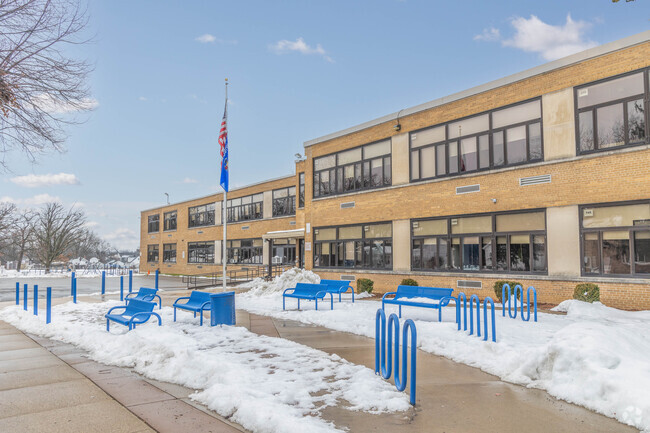 Sherman Middle School has benches and bie racks for students.