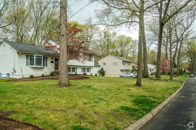 Tree-lined street with split-level homes in Allendale.
