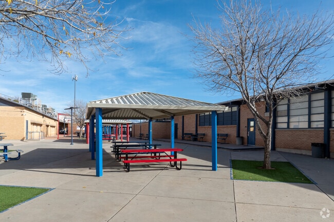 Students can enjoy outside tables in the shade at Marana Middle School.