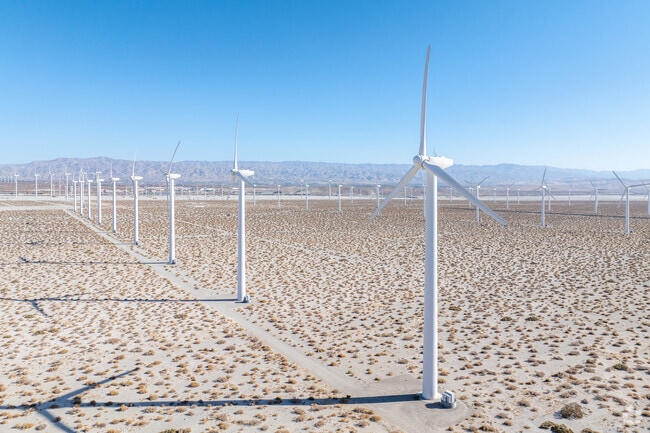 Wind turbines stretch across the horizon, capturing the desert breeze to power Palm Springs.