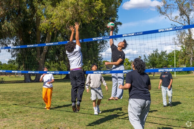 Get up in the air and spike the ball on the volleyball court at Pollack Ranch Park.