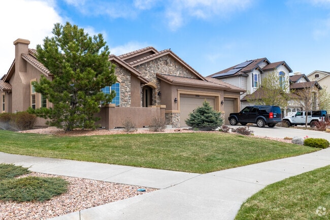 Custom stucco homes are here in the Flying Horse Ranch neighborhood.