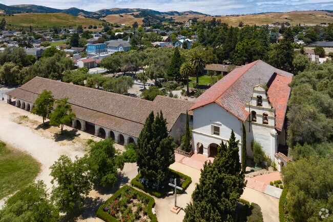 The Mission in San Juan Bautista overlooks the rolling hills of California.