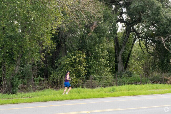 Embracing the tranquility, he dashes through Portola Valley's scenic trails.