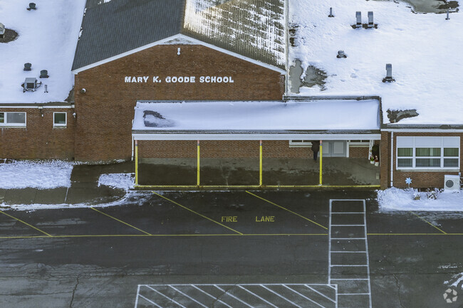 The main entrance to Mary K. Goode Elementary School in Middleboro, MA.