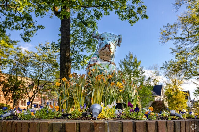 Walk by the colorful Roots of Nipper dog statues throughout downtown Moorestown on Main Street.