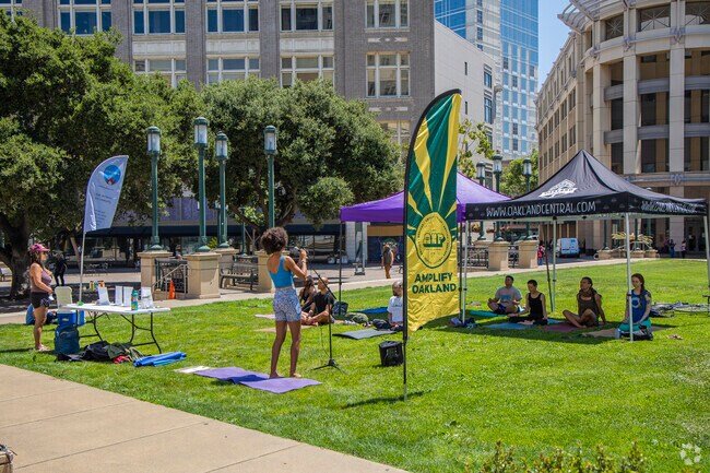 Uptown's Frank Ogawa Plaza regularly hosts Amplify Oakland's community meditations.