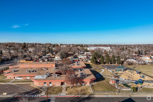 The playground resides behind the school at Stukey Elementary School in Northglenn, Colorado.