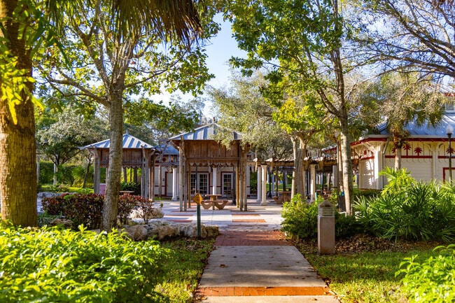 Veterans park features picnic pavilions and green space.
