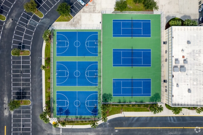 The vibrant sports courts at Lake Nona High School are frequently used by students.