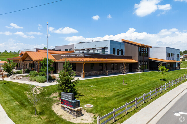The sign and main building at Adventure Elementary School in Denver, Colorado.