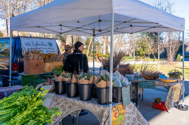 Vendors prepare their stalls at the Durham Farmers' Market in Durham's Central Park area.
