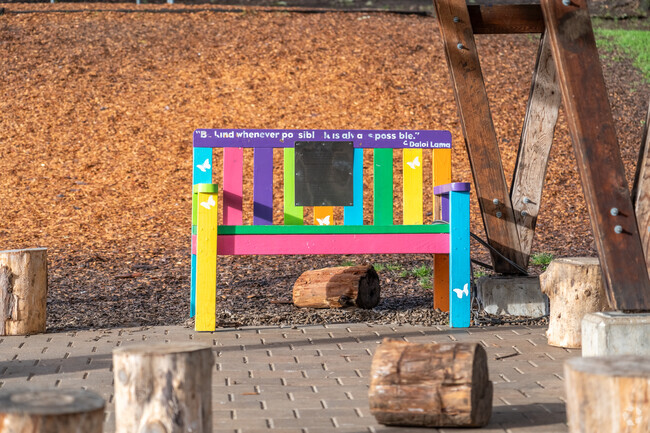 Ridgeline Montessori has a colorful Buddy Bench for students to share with friends in Eugene.