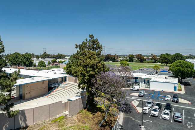 The parking lot and auditorium at Alondra Middle School in Paramount.