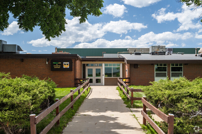 The entrance pathway at Jefferson Academy Elementary School in Broomfield, Colorado.