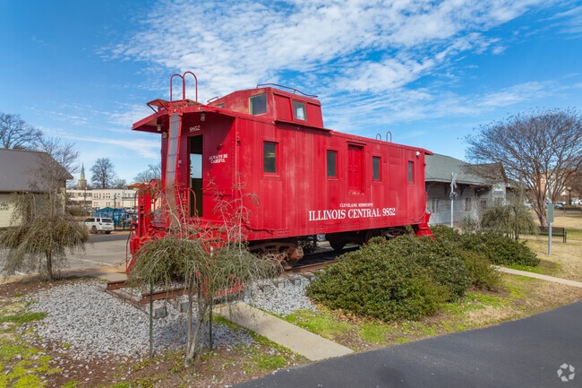 This vibrant caboose is on display in Cleveland's historic downtown district.