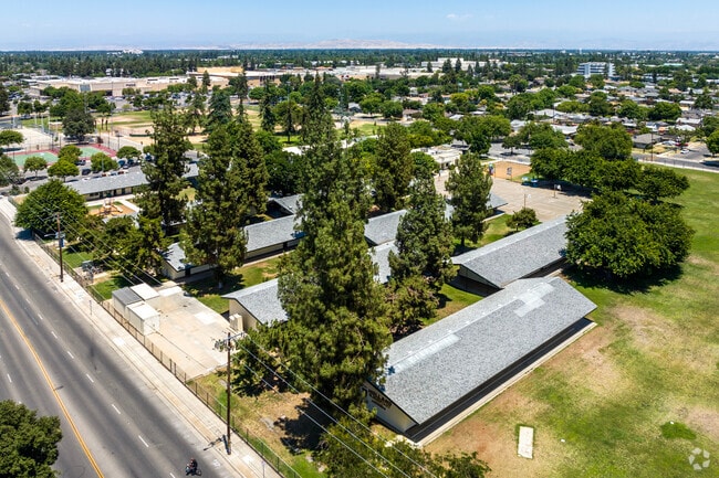 Tall pine trees stand at Holland Elementary School in Fresno.
