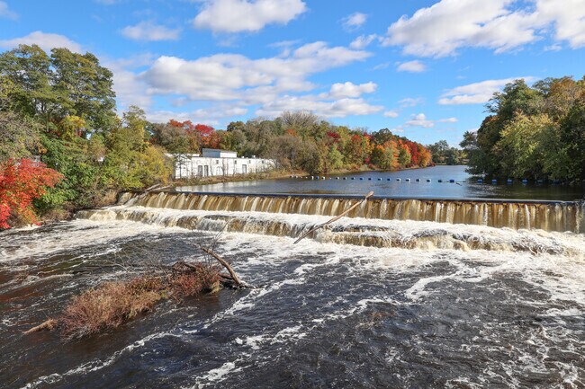 Chicopee Falls is see in the beauty of the rushing water of it's river.