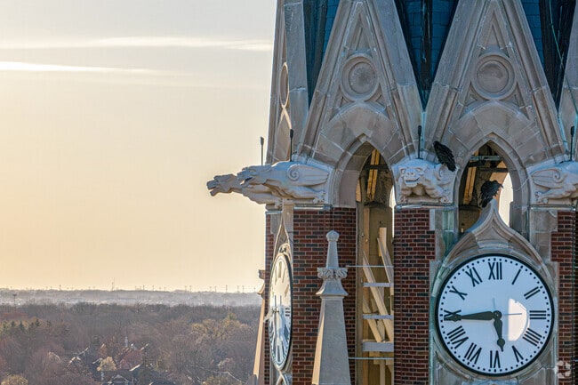 Gargoyles & crows atop Saints Peter and Paul Catholic Church in Naperville's Historic District.