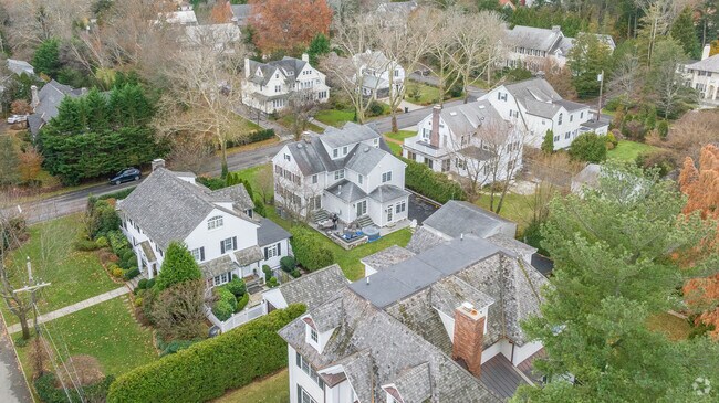 Aerial of classic homes in Bronxville, NY.
