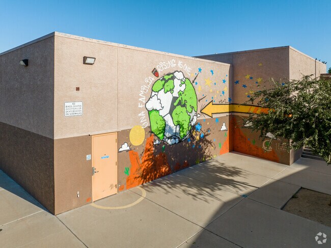 Starlight Park School features an impressive mural decorating one of its primary buildings.