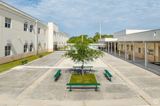 Courtyard with benches at Boca Raton Community Middle School.