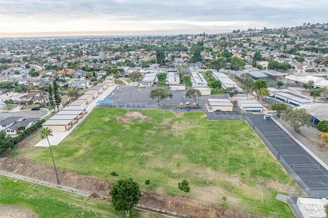 Aerial view of sports fields and playground at La Merced Academy, elementary school Montebello