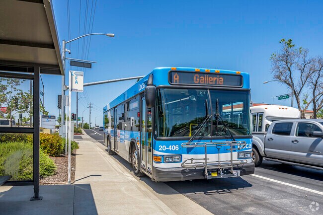 Regional Transit bus system has stops along the west side of Meadow Oaks.