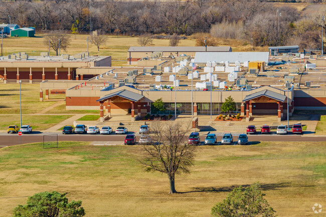 Sunny aerial view reveals the Chickasha High School