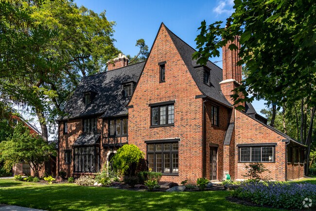 Brick tudor style homes inside Detroit's Joesph Berry Subdivision.