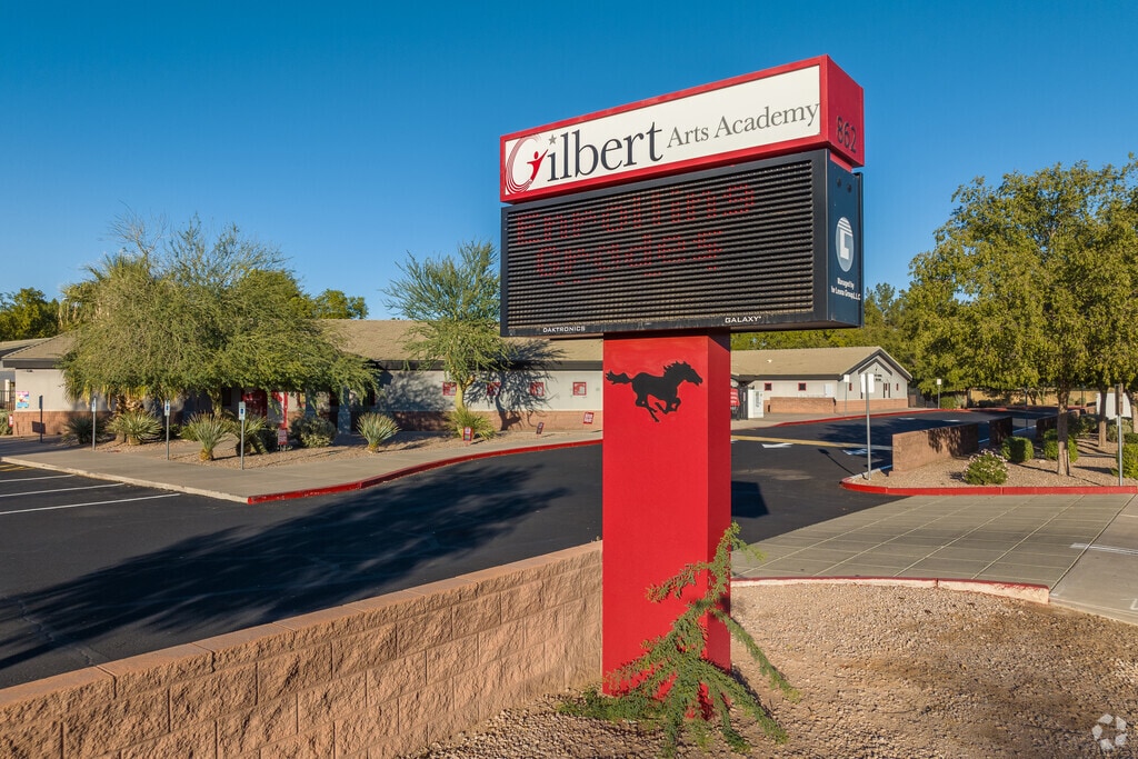 Important announcements are displayed on a sign at Gilbert Arts Academy.