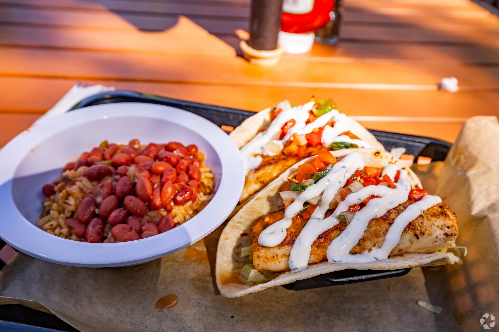The famous Cajun fish tacos with red beans and rice at River Grille.