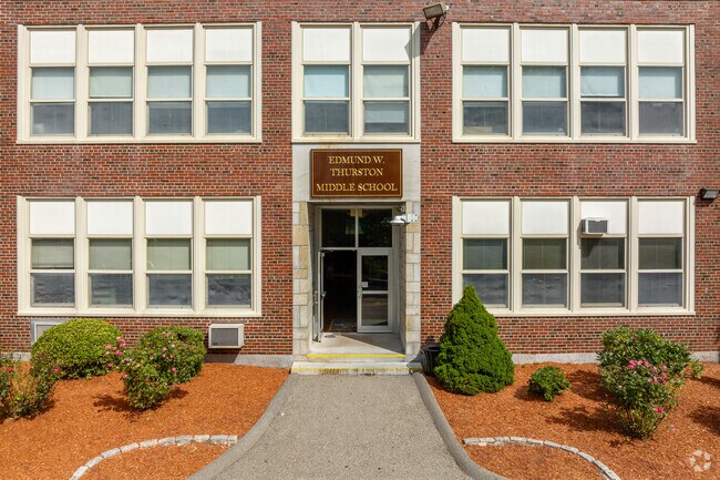 The main entrance to Thurston Middle School in Westwood, MA.