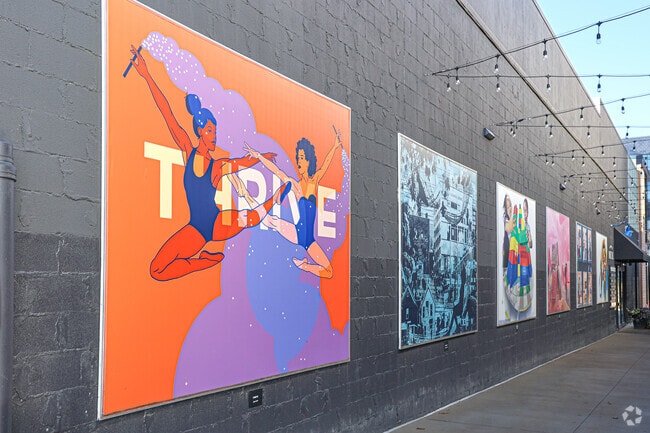 Multiple art installations line an alleyway in the Van Aken District in Shaker Heights.
