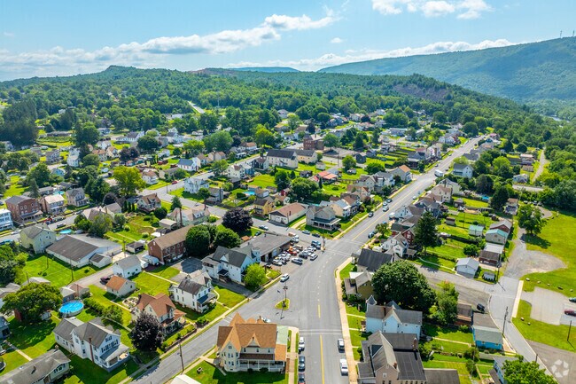 Overhead look at homes and yards nestled in the hills of Bowmanstown.