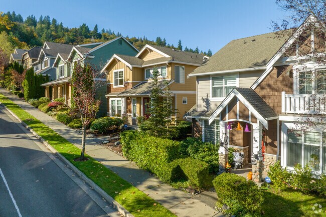 Perfectly built craftsman homes line the streets at the top of a hill in Talus.