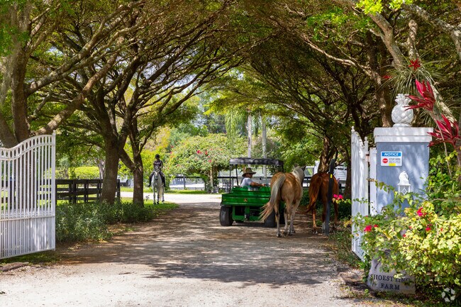 Gorgeous driveways and lush green trees will welcome you home in Palm Beach Little Ranches.