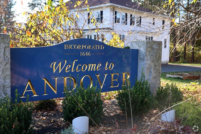 The Welcome to Andover sign greets Merrimack College residence.