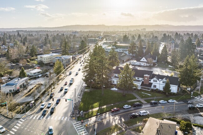 Sky view showing the main road and surrounding neighborhoods in in Rose City Park, Portland.