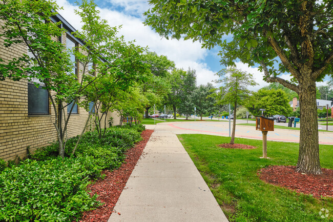 Concrete pathways run around the entire lot at Carpenter Elementary connecting play areas.
