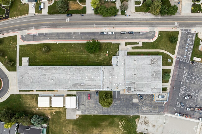 An aerial view of the Crestview Elementary School shows its linear structure.