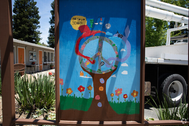 Students art work adorns the entrance of the Saklan School.
