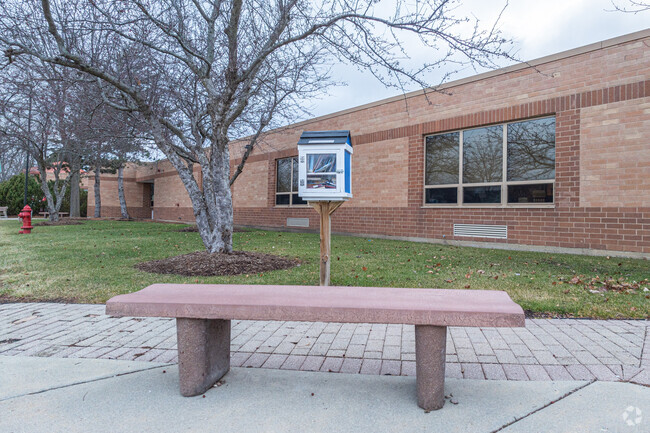 A Little Library sits in front of Crystal Lake's Glacier Ridge Elementary School.