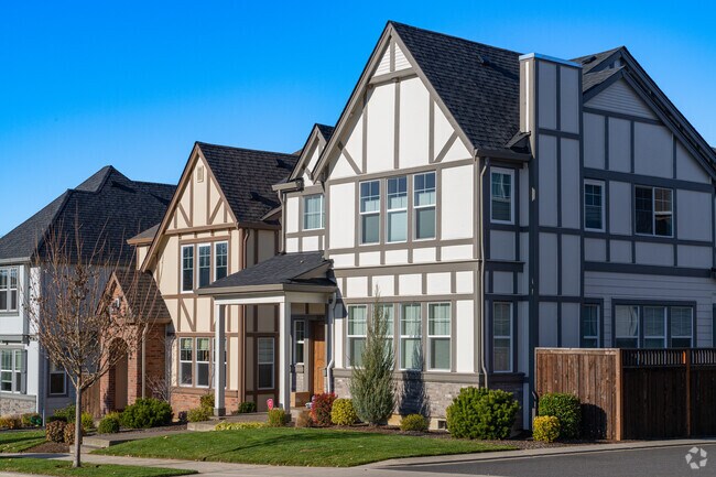 A row of newly built traditional homes with Tudor details in River Terrace.