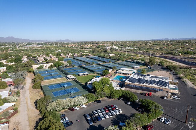 An aerial perspective of the Tucson Racquet Club in Rillito Bend.