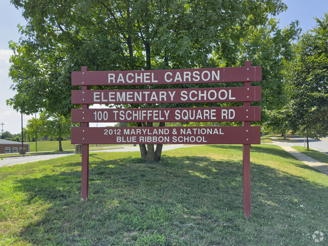 Rachel Carson Elementary School signage highlights its blue ribbon designation.