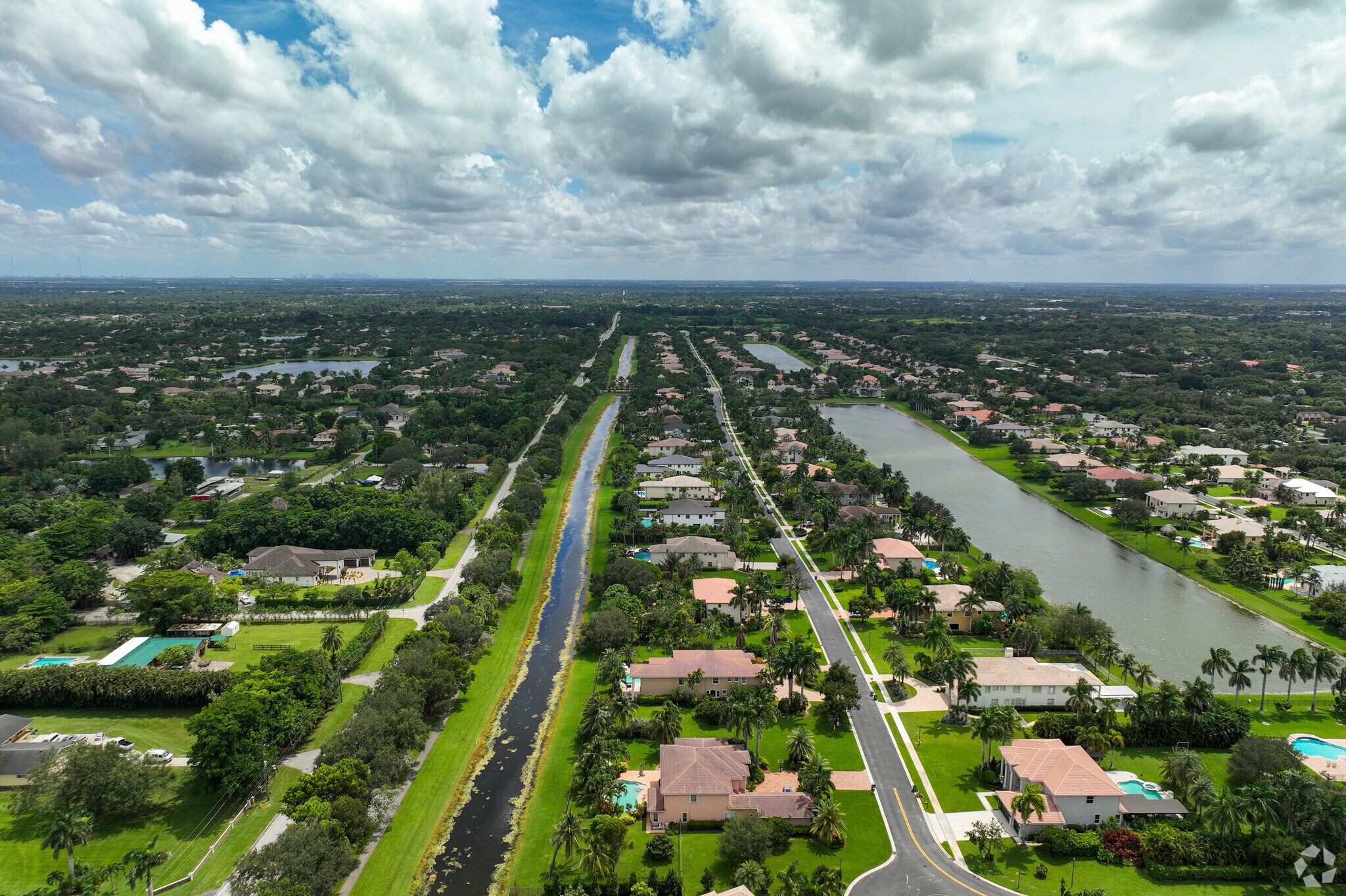Aerial view over the residential area in Outer Davie neighborhood.
