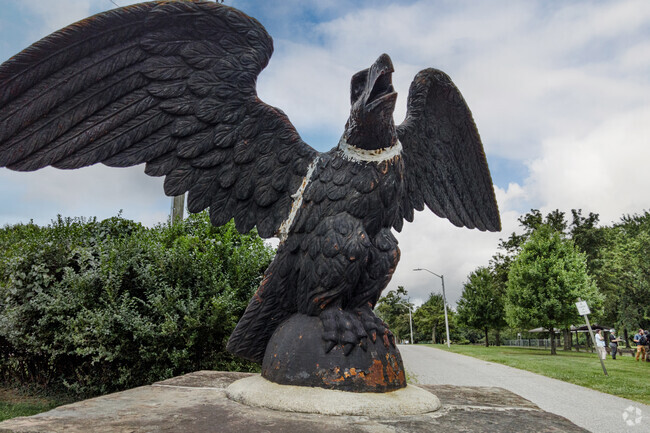 One of the many entrances to Leakin Park near Rognel Heights features a large sculpture.