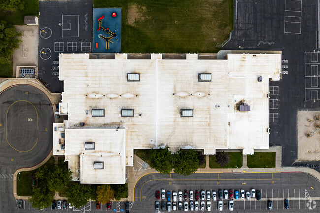 Aerial view of Green Acres Elementary School show a number of different play areas for students