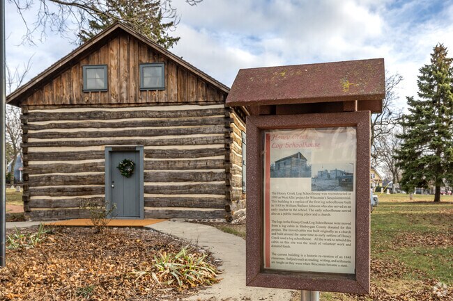 Honey Creek Log School House is a re-creation of a school in the neighborhood from 1848.